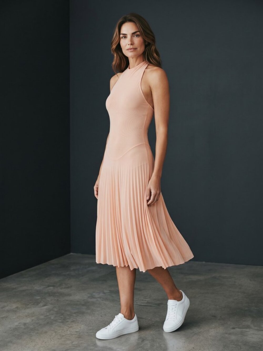 SKIMS Milky Sheer High Neck Pleated Midi Dress Peach Pink